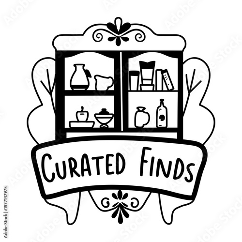 A glyph sticker featuring a vintage cabinet filled with various items with curated finds typography