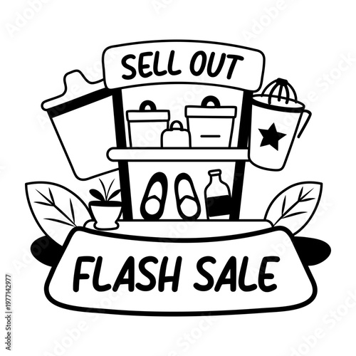 A glyph sticker of shopping rack with various items with flash sale words 

