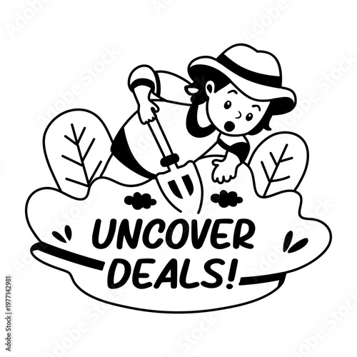 A glyph sticker featuring a person digging with a shovel depicting uncover deals 
