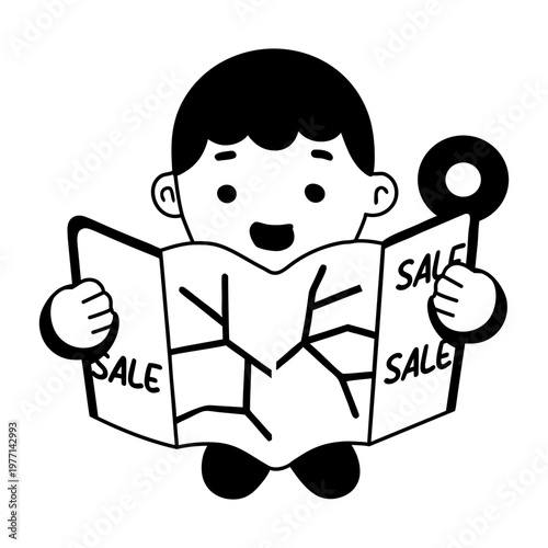 A glyph sticker of a child holding sale pamphlet 

