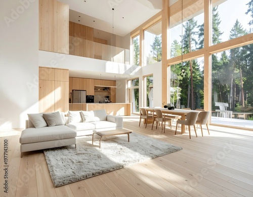 Modern home with large windows, bright light, wood