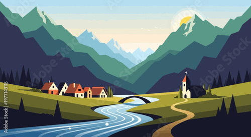 Charming Village Nestled in a Serene Mountain Valley Landscape.