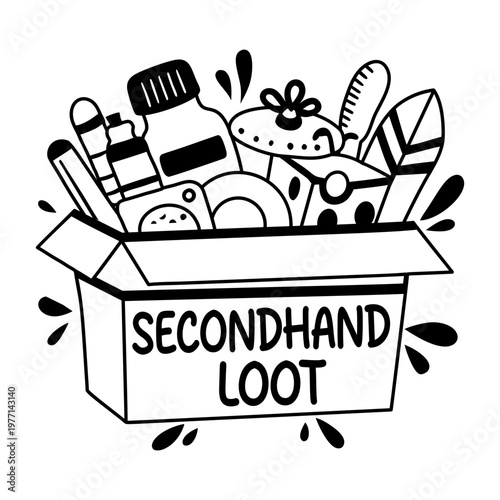  A glyph sticker featuring a box filled with various items and seconhand loot write on it 

