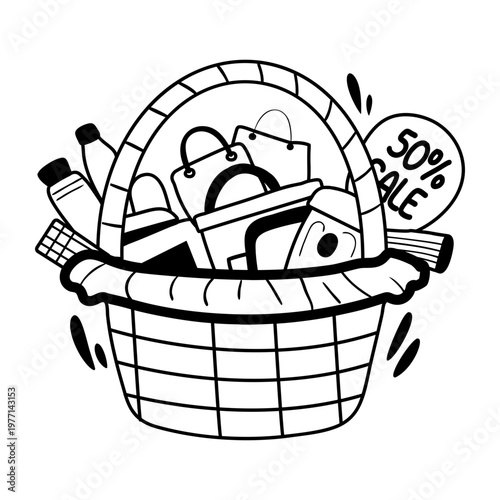 glyph sticker of sale basket overflowing with various item

