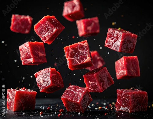 Cubed raw red meat in mid-air, dark backdrop