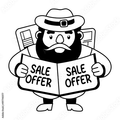 A glyph sticker of a man holding a sale offer pamphlet 