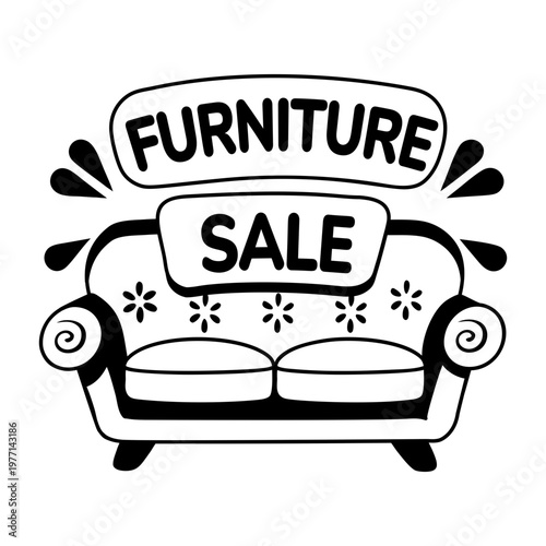 A glyph sticker of a couch with furniture sale typography 

