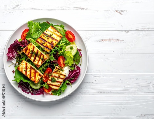 Grilled cheese salad on white plate and wooden surface