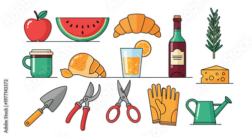 Assortment of garden tools and food items isolated on white background