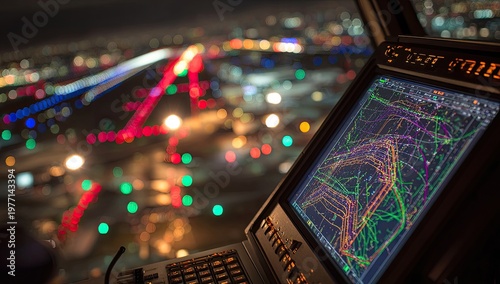 Cockpit view at night, radar screen shows aircraft paths, runway lights blurred