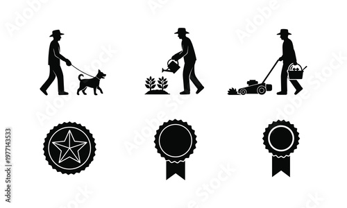 Father daily activities vector silhouette illustration dog walking gardening lawn mowing.