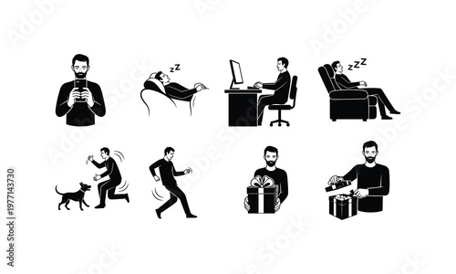 People using phones sleeping working and giving gifts line art vector silhouette.