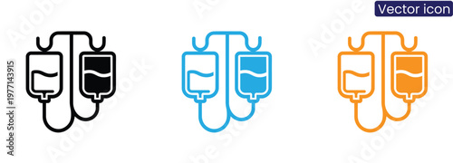 Blood bag transfusion icons in black, Blue, And orange on white background