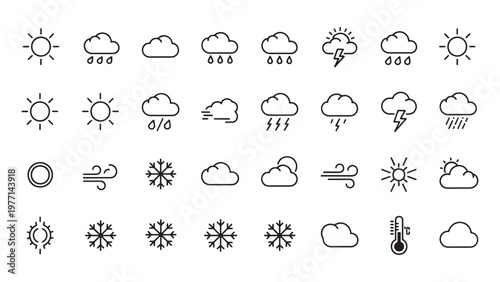 Weather icons, climate symbols, 40 weather signs, vector graphics