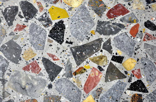 Photo of Grey terrazzo pattern on floor surface. Background texture for backdrops or mapping