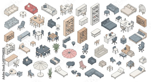 Collection of Isometric Furniture and Home Decor Elements.
