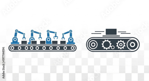 Industrial conveyor belt system with robotic arms and gears.