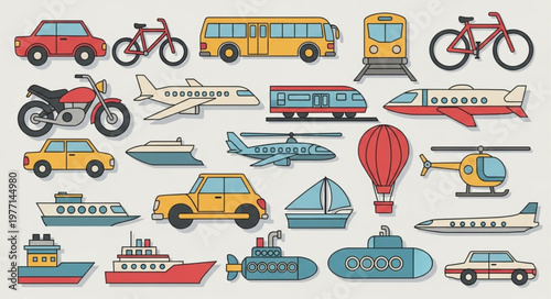 Collection of various transportation vehicles and modes of travel.