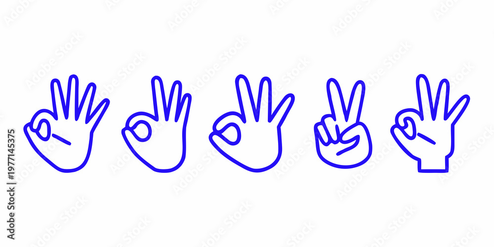 Fototapeta premium Five blue line drawing hands displaying different hand gestures