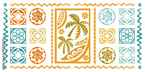 Colorful tropical tile pattern with palm trees and floral motifs