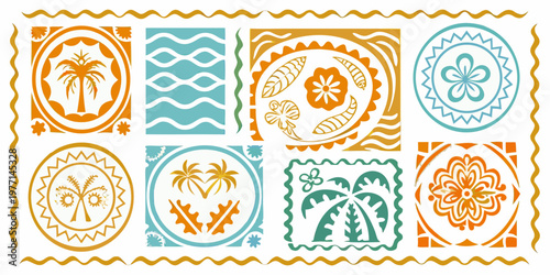 Colorful geometric patterns with tropical motifs arranged in a grid