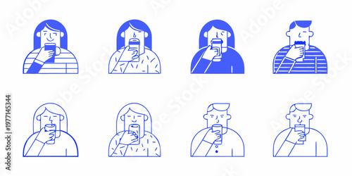 Four pairs of people engrossed in their mobile phones illustrated in blue