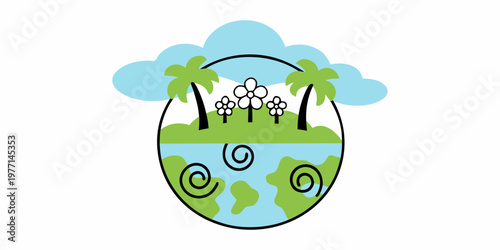 A cartoon island scene with palm trees flowers and a swirling ocean