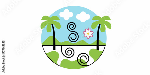 Stylized tropical island scene with palm trees waves and flowers