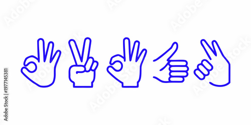 Five blue line art hands displaying different hand gestures