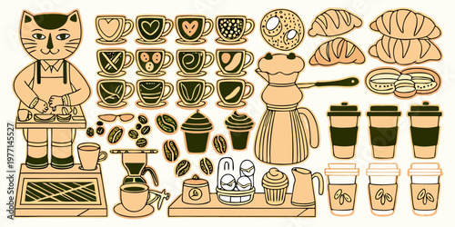 Whimsical illustration of a cat barista surrounded by coffee and pastries
