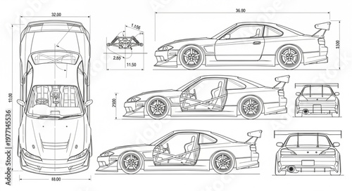 Detailed blueprint of a sports car with multiple views.