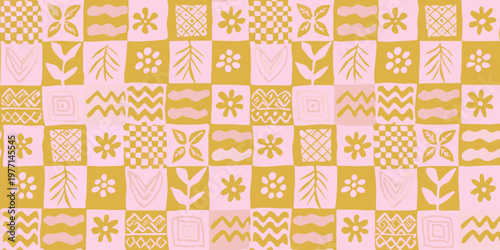A repeating pattern of floral and geometric shapes in pink and gold
