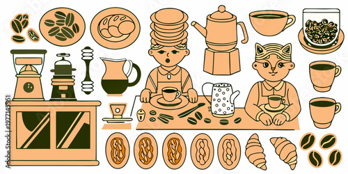 A whimsical illustration depicting coffee preparation serving and enjoyment