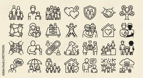Family Caregiving Icon Set, Senior Home Healthcare Illustration, Elderly Support Symbol Graphics, Parenting and Child Sketch, Family Bonding Line Drawing, Social Welfare Icon Design, Community Care Ar