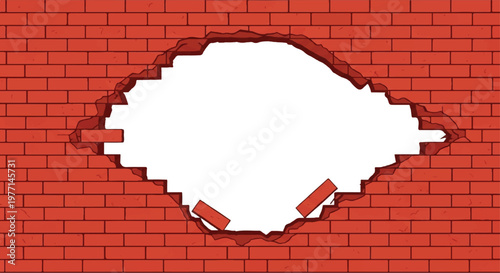 A hole in the brick wall with white background. Concrete brick wall. Hole in the red brick wall. Vector illustration.