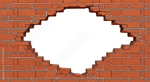 A hole in the brick wall with white background. Concrete brick wall. Hole in the red brick wall. Vector illustration.