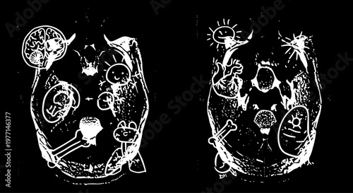 Medical Brain MRI with Hand-drawn Illustrations: Brain, Sun, Baby, Bone, Dog, Egg, Heart, Flower - Black and White Line Art