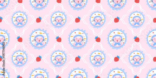 Cat pattern kawaii for cute flower seamless and floral patchwork spring. Frame plaid holiday for checkerboard summer vector and wallpaper background loop. Cat girly gingham for cute strawberry.