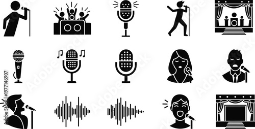 Singer and Microphone Icon Set with Vocal Performance Stage and Audio Isolated on White Background