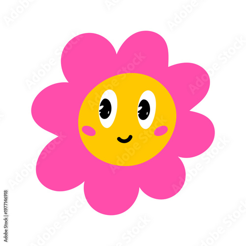 Y2k flower face fun shape emoji badge sticker cute and heart. Abstract label for happy kid sign 90s design in pastel. Emoticon or daisy smile isolated by music doodle.