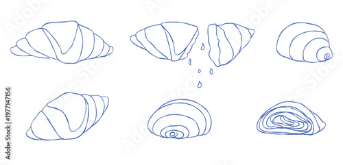 Croissant line art collection. Homemade french bakery dessert. Minimal mediterranean blue doodle illustrations for cafe menus, packaging, patterns, stickers, posters, branding, food design
