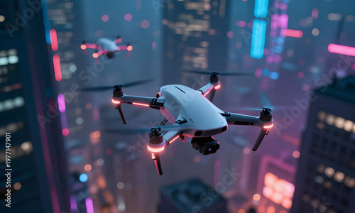 Drone flying over cityscape at night