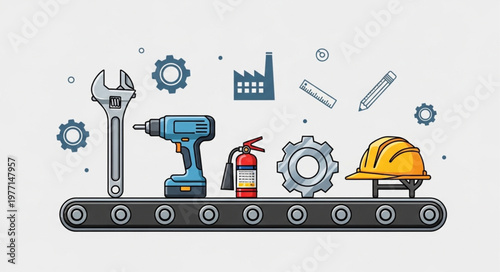 Industrial conveyor belt with tools and safety equipment.