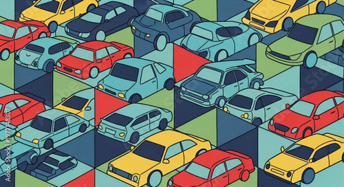 Colorful Cars Parked in Geometric Pattern.