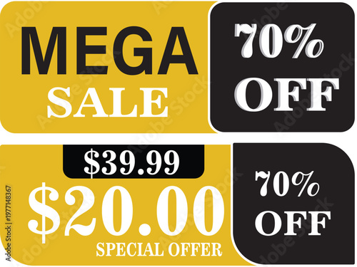Mega Sale 70 Percent Off Banner, Bold Yellow and Black Promotional Discount Advertisement