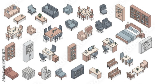 Collection of Isometric Furniture and Home Decor Objects.
