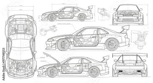 Detailed Car Blueprint Technical Drawing and Schematics.