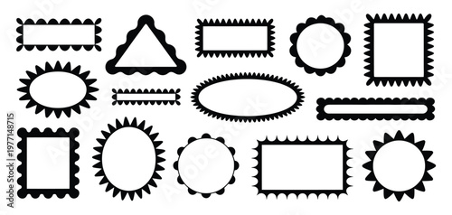 Abstract irregular organic shapes set with black cute vector frame boxes, hand drawn rough collage style, wavy background textures, text rectangle banners and playful geometric figure elements