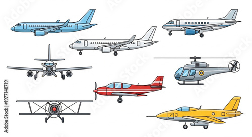 Collection of various aircraft types including airplanes and helicopter.