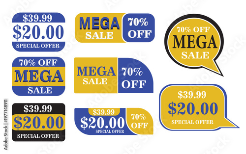 Mega Sale Promotional Sign Collection, Colorful Cartoon Sale Banners and Price Tags on White Background